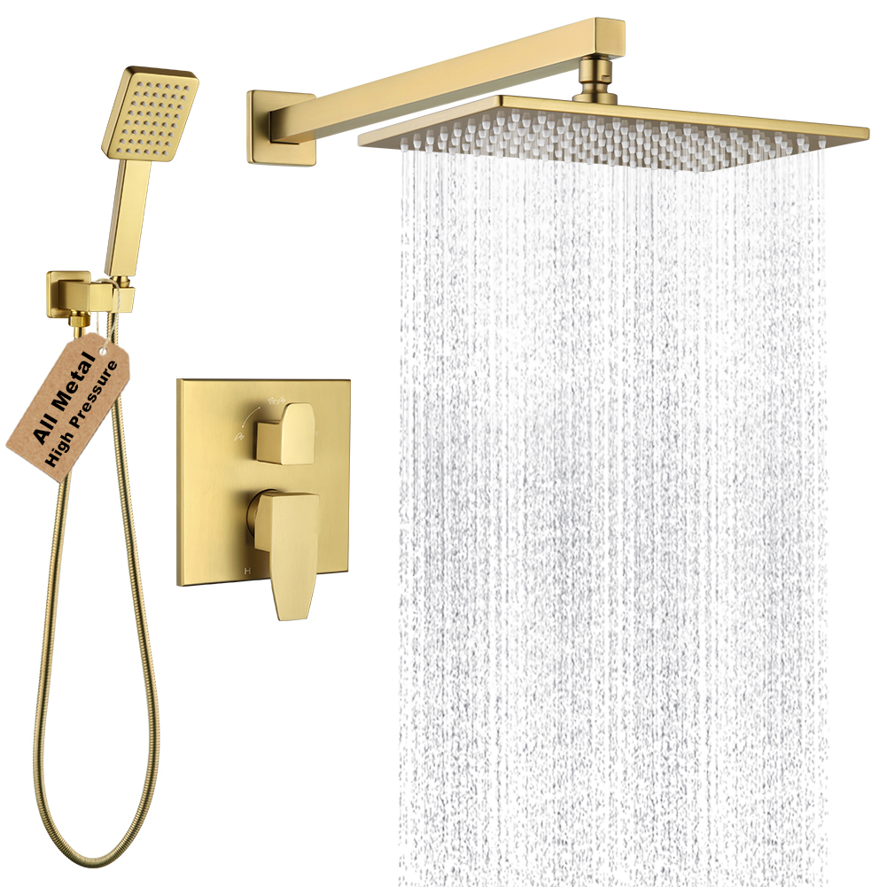 Wall-Arm Rain Shower System with Square Handheld 9242-8 in Gold