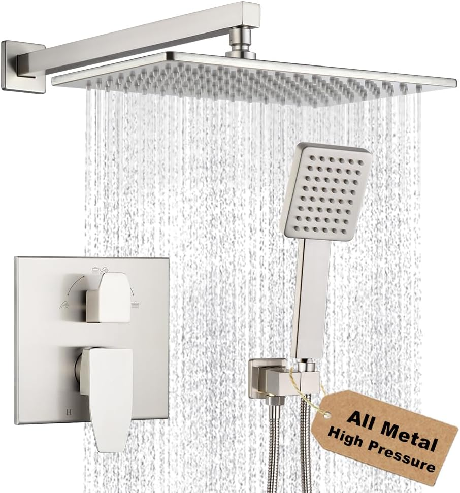 Wall-Arm Rain Shower System with Square Handheld 9242-8 in Brushed Nickel