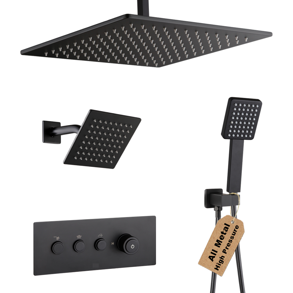 Matte Black Push-Button Shower Mixer Set 9243-88B in Matte Black