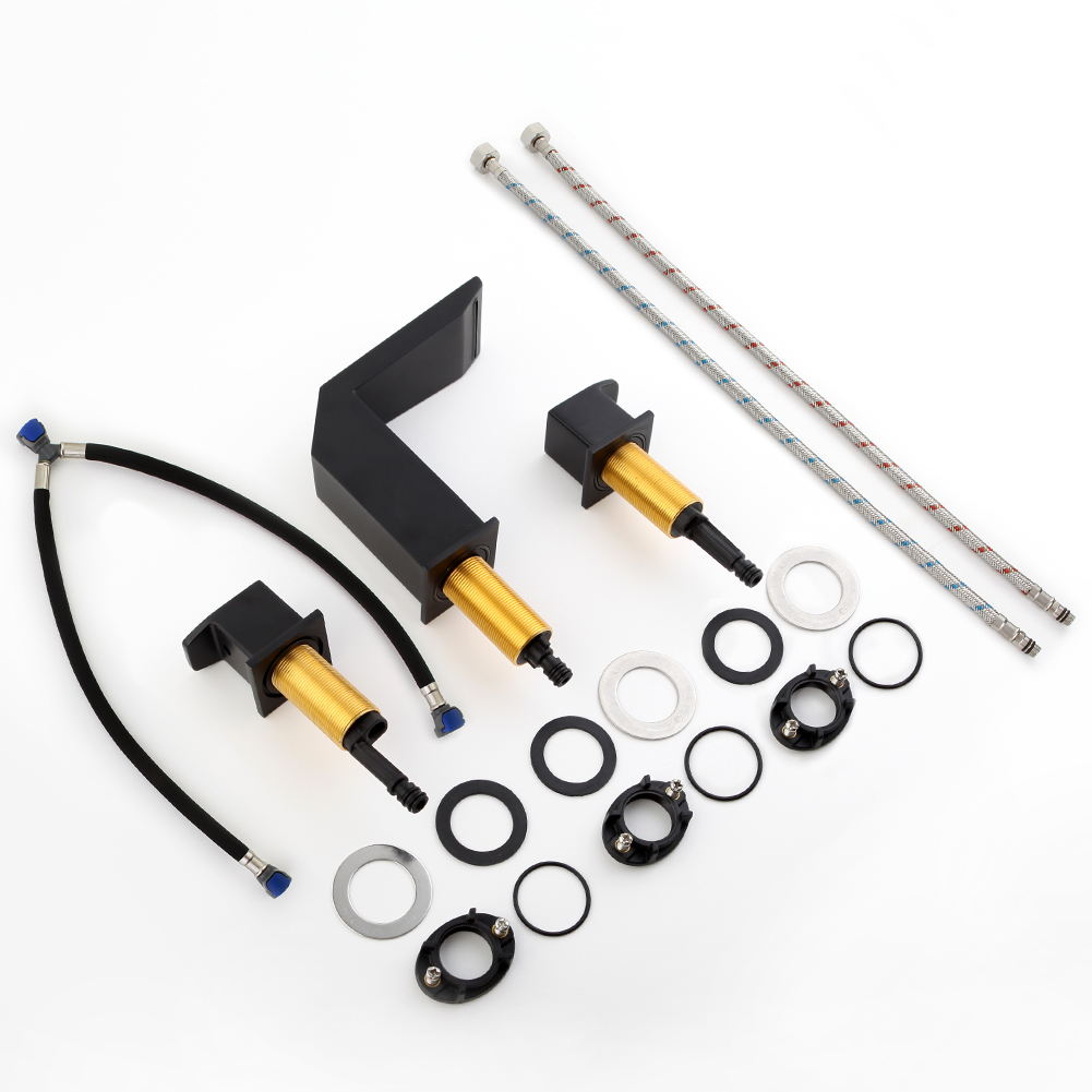 5261-3B faucet spout, two handles, supply lines and installation hardware laid out