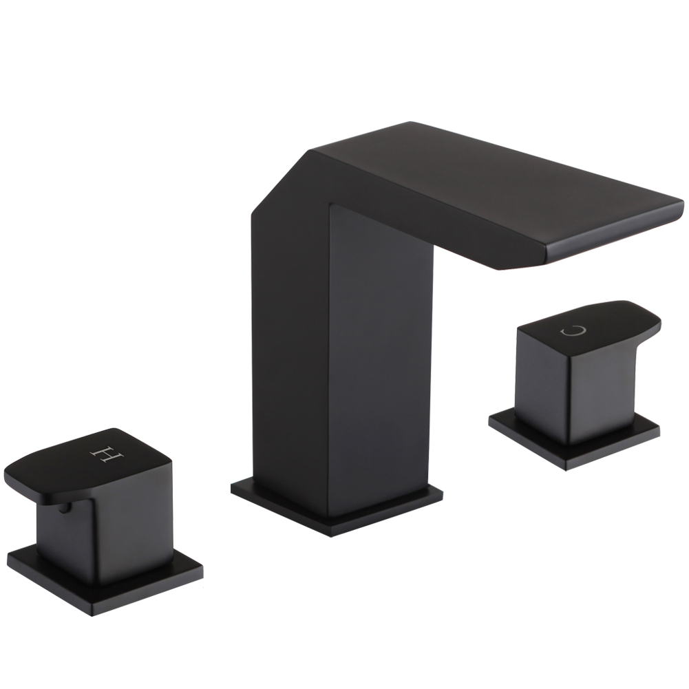 Matte black three-piece waterfall bathroom sink faucet